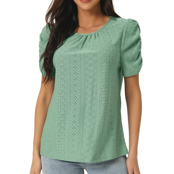 Unique Bargains Women's Ruched Short Sleeve Eyelet Dressy Crewneck Blouses T Shirts S Green