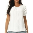 thumbnail image 1 of Unique Bargains Women's Ruched Short Sleeve Eyelet Dressy Crewneck Blouses T Shirts S White, 1 of 6