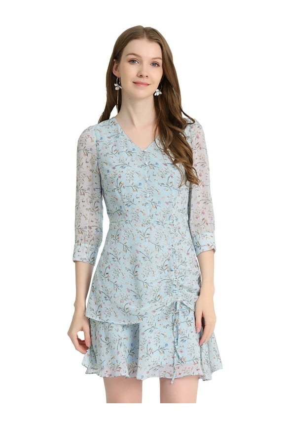 Women's Ruffle Hem Button Decor Drawstring Ruched Dress S Blue