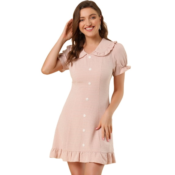Unique Bargains Women's Ruffle Peter Pan Collar Casual Button up Checkered Dress M Pink White