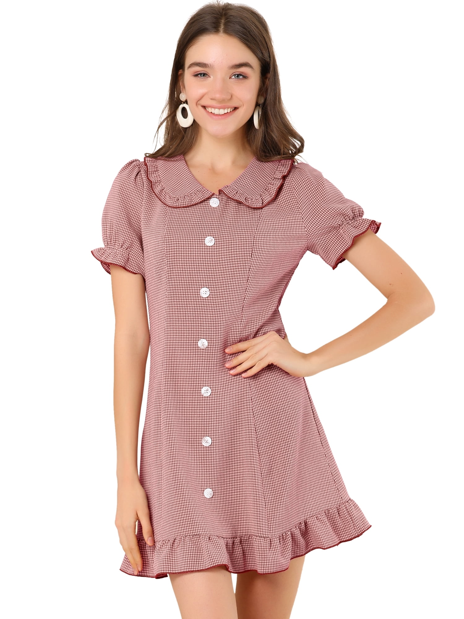 Unique Bargains Women's Ruffle Peter Pan Collar Casual Button up Checkered Dress XL Pink