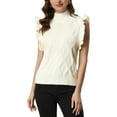thumbnail image 1 of Unique Bargains Women's Ruffle Sleeve Solid Mock Neck Cable Knit Pullover Sweater, 1 of 5