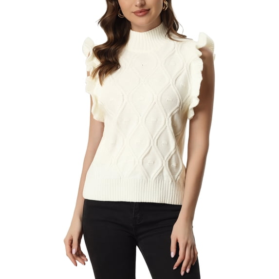 Unique Bargains Women's Ruffle Sleeve Solid Mock Neck Cable Knit Pullover Sweater