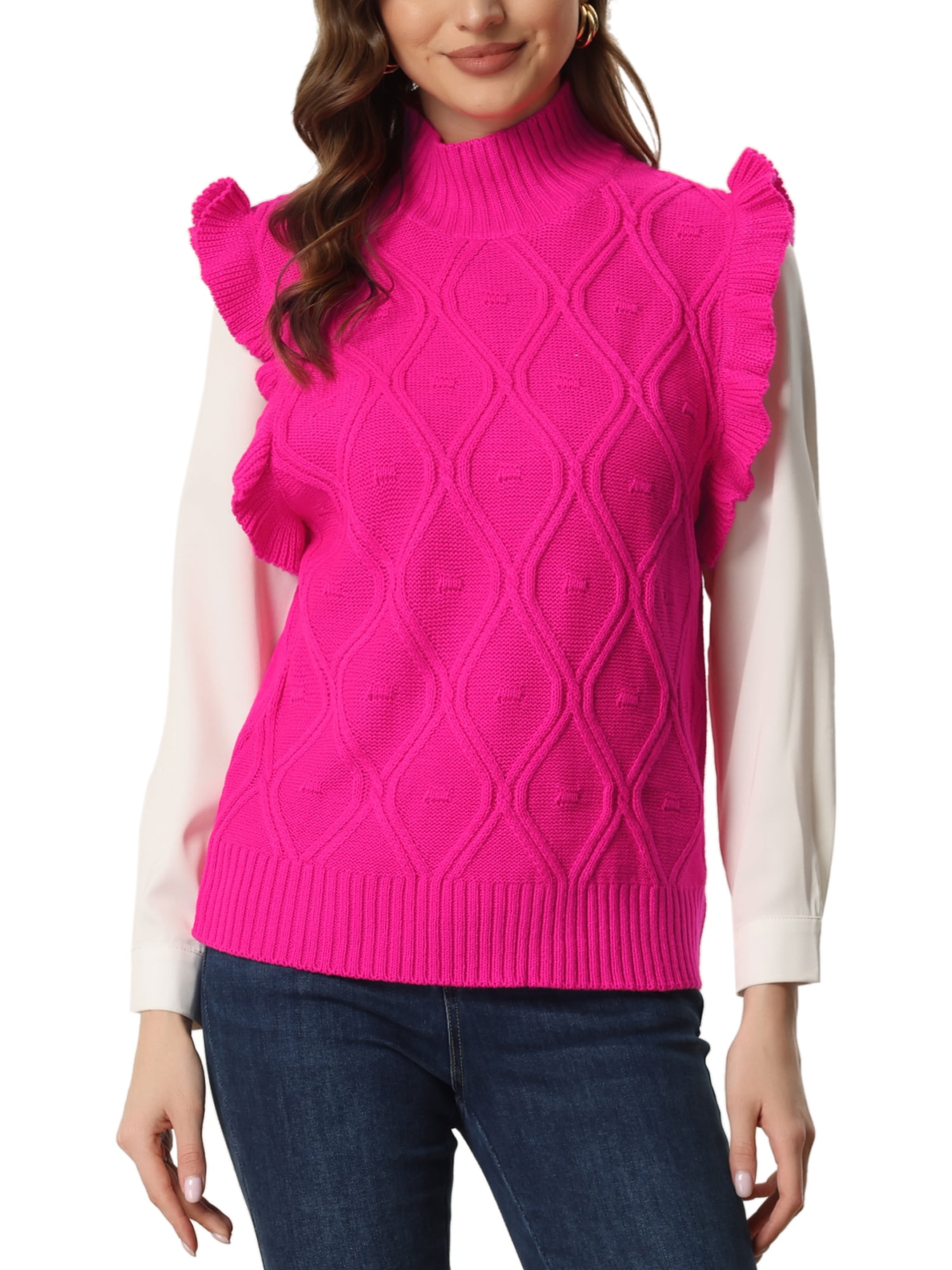 Unique Bargains Women's Ruffle Sleeve Solid Mock Neck Cable Knit Pullover Sweater