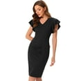 thumbnail image 1 of Unique Bargains Women's Ruffle Sleeve V Neck Ruched Front Work Sheath Bodycon Dresses S Black, 1 of 6