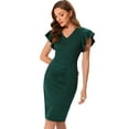 thumbnail image 1 of Unique Bargains Women's Ruffle Sleeve V Neck Ruched Front Work Sheath Bodycon Dresses XS Dark Green, 1 of 6