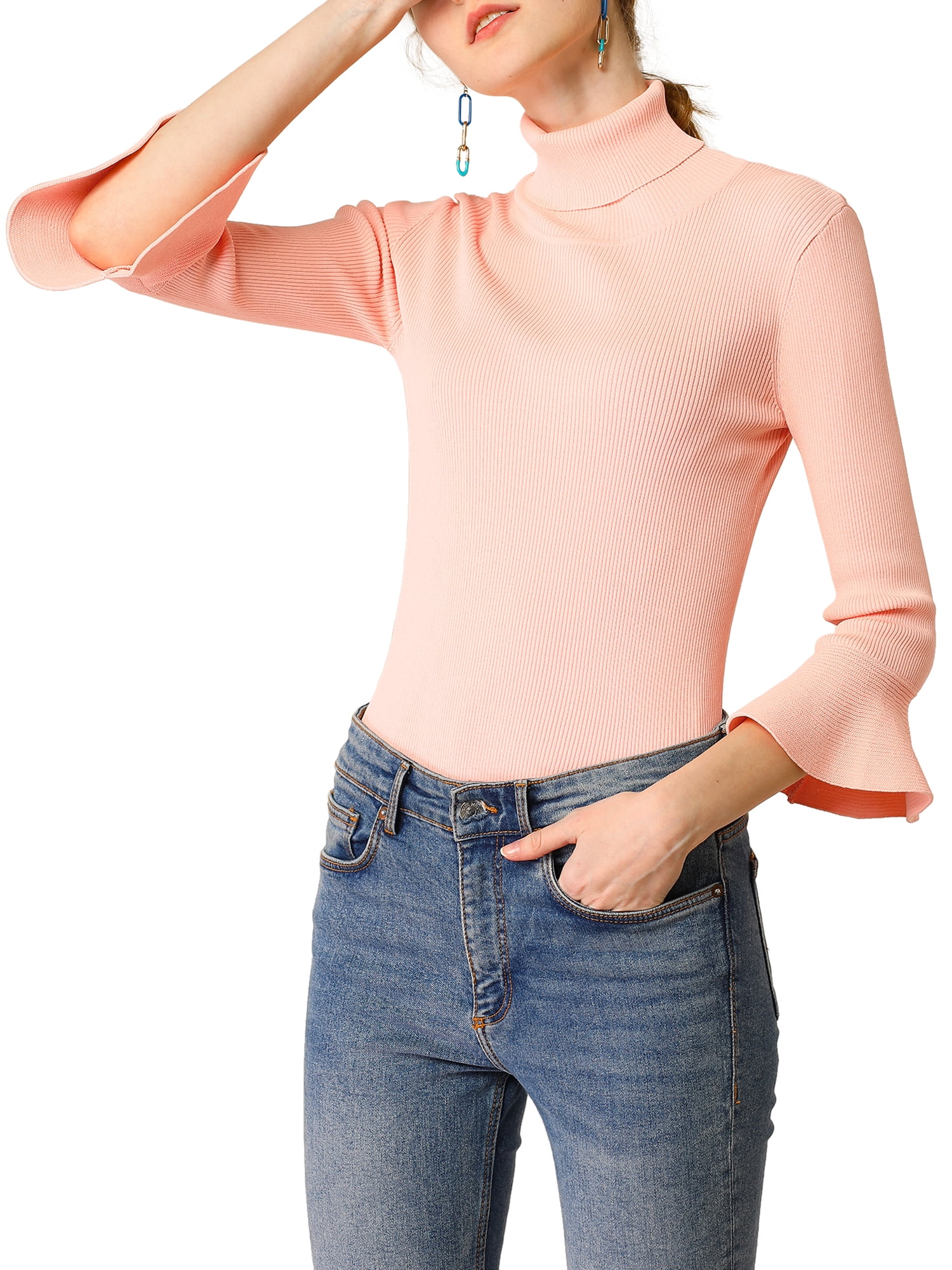 Unique Bargains Women s Ruffle Sleeves Turtleneck Knit Sweater