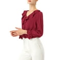 thumbnail image 1 of Unique Bargains Women's Ruffle V Neck Chiffon Work Office Peasant Blouse L Burgundy, 1 of 7