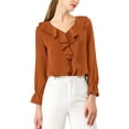 thumbnail image 1 of Unique Bargains Women's Ruffle V Neck Chiffon Work Office Peasant Blouse M Brown, 1 of 7