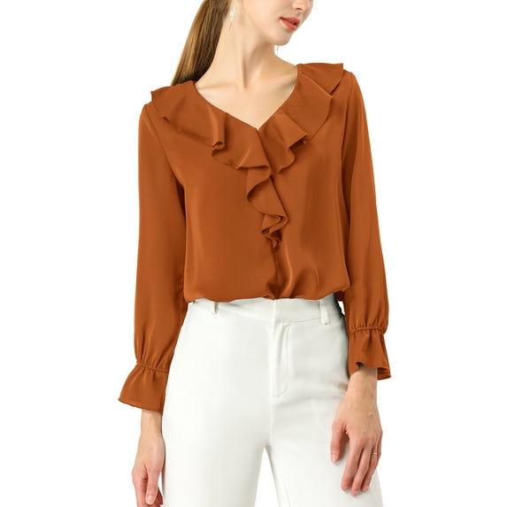 Unique Bargains Women's Ruffle V Neck Chiffon Work Office Peasant Blouse S Brown