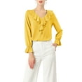 thumbnail image 1 of Unique Bargains Women's Ruffle V Neck Chiffon Work Office Peasant Blouse S Yellow, 1 of 8