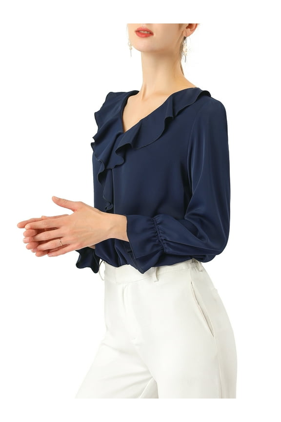 DARING DIVA Ruffle V Neck Chiffon Peasant Blouse XL Dark Blue