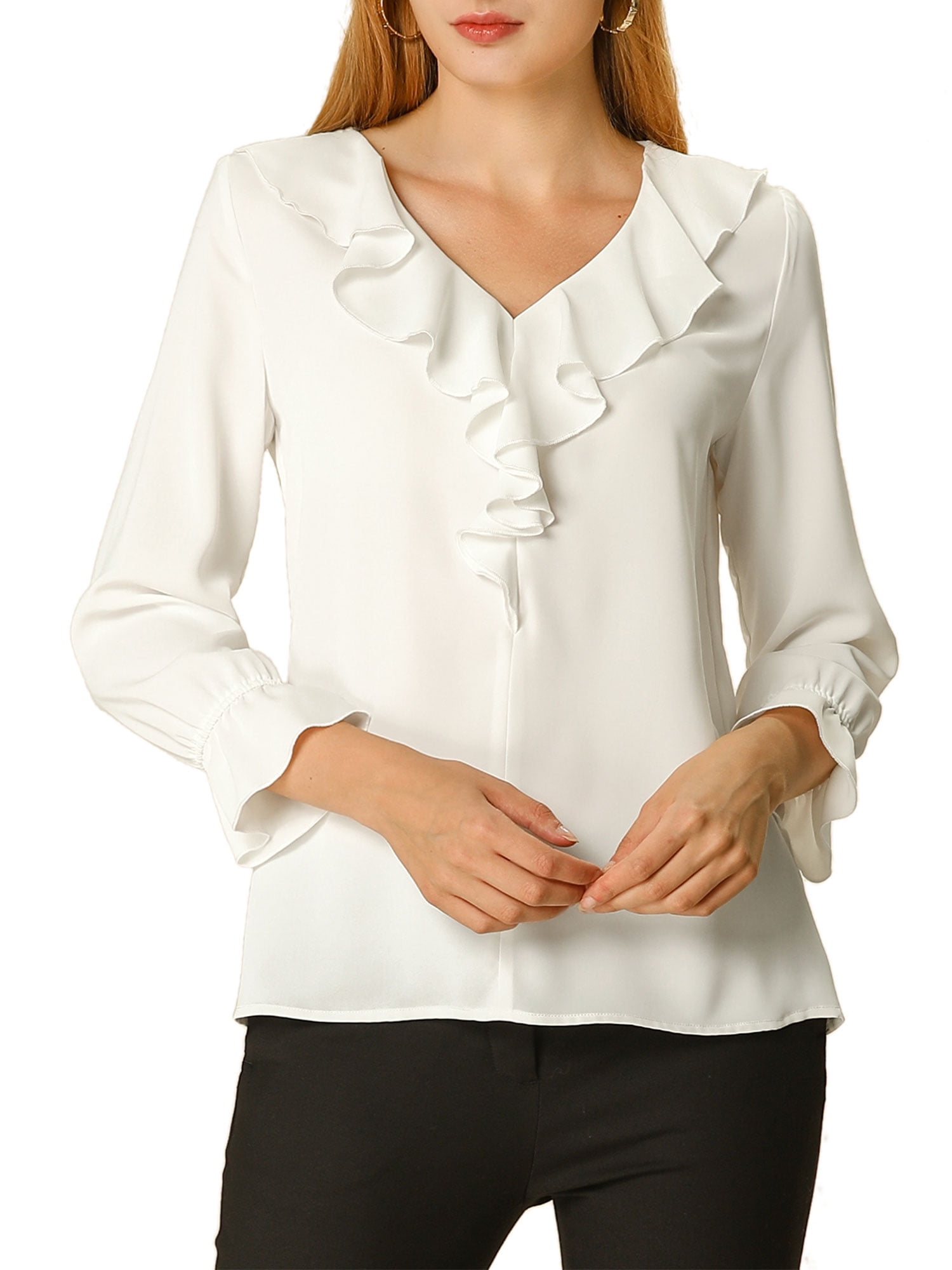 Unique Bargains Women's Ruffle V Neck Chiffon Work Office Peasant Blouse XS White