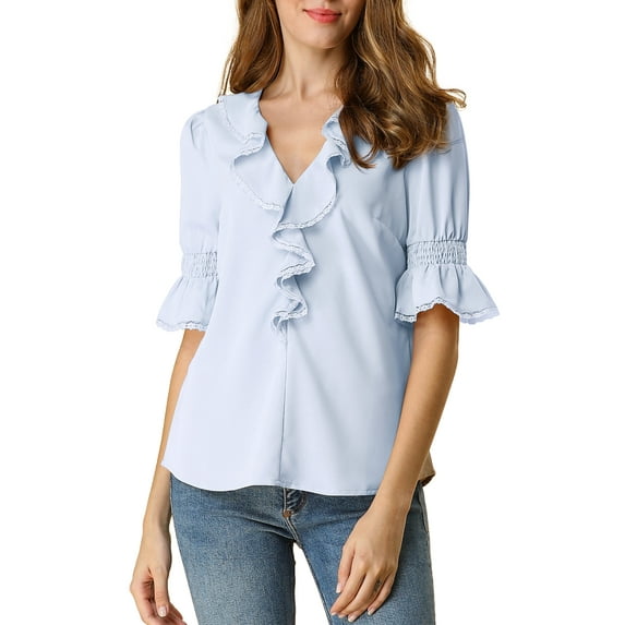 Unique Bargains Women's Ruffle V Neck Half Bell Sleeve Casual Chiffon Top L Blue