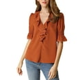 thumbnail image 1 of Unique Bargains Women's Ruffle V Neck Half Bell Sleeve Casual Chiffon Top M Brown Red, 1 of 8