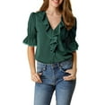 thumbnail image 1 of Unique Bargains Women's Ruffle V Neck Half Bell Sleeve Casual Chiffon Top S Dark Green, 1 of 7