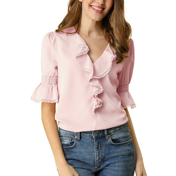 Unique Bargains Women's Ruffle V Neck Half Bell Sleeve Casual Chiffon Top S Pink