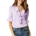 thumbnail image 1 of Unique Bargains Women's Ruffle V Neck Half Bell Sleeve Casual Chiffon Top XS Lavender, 1 of 7