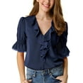 thumbnail image 1 of Unique Bargains Women's Ruffle V Neck Half Bell Sleeve Casual Chiffon Top XS Navy Blue, 1 of 7