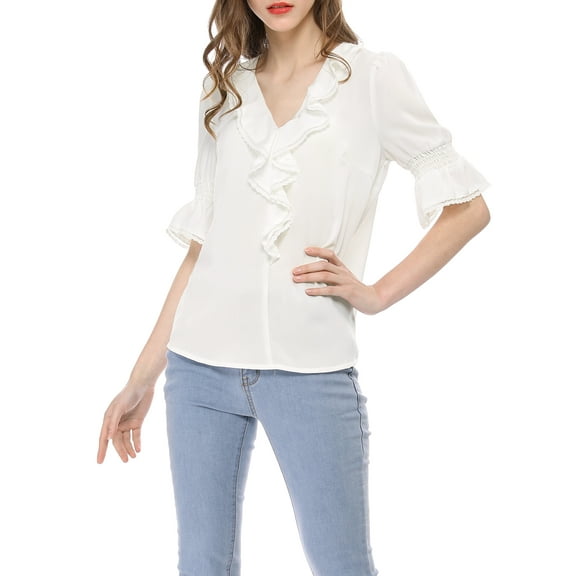 Unique Bargains Women's Ruffle V Neck Half Bell Sleeve Casual Chiffon Top XS White