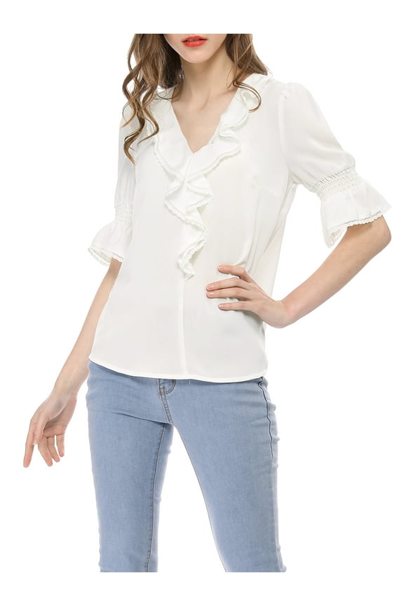 Women's Ruffle V Neck Half Bell Sleeve Casual Chiffon Top XS White