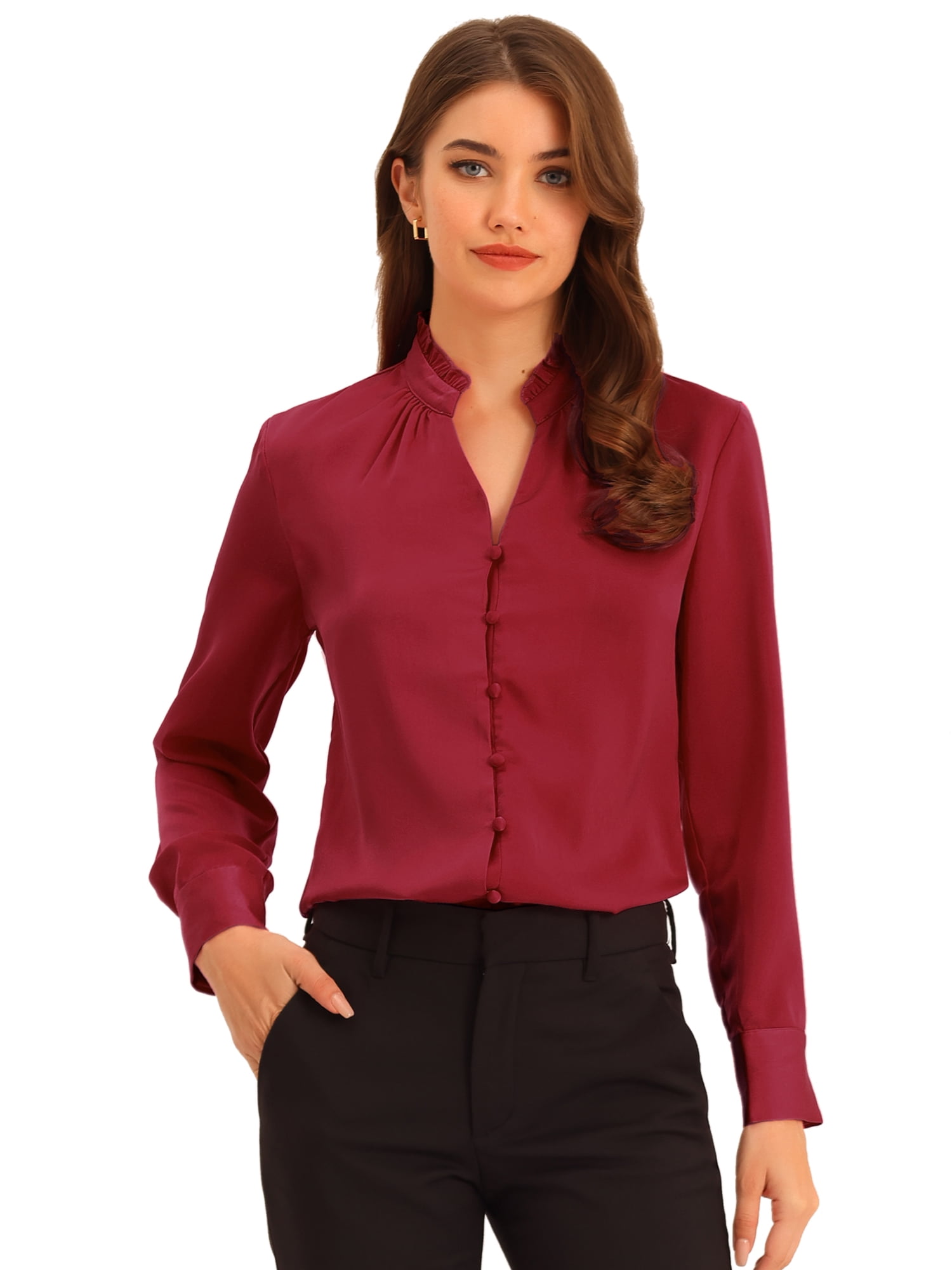 DARING DIVA Ruffled Satin Lantern Long Sleeve Blouse XS Dark Red