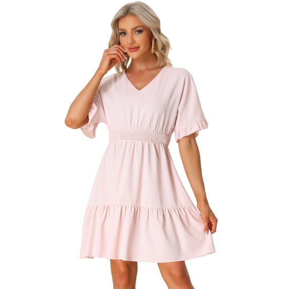 Unique Bargains Women's Ruffled Tiered Boho V Neck Smocked Waist Hem Peasant Bohemia Dress L Pink