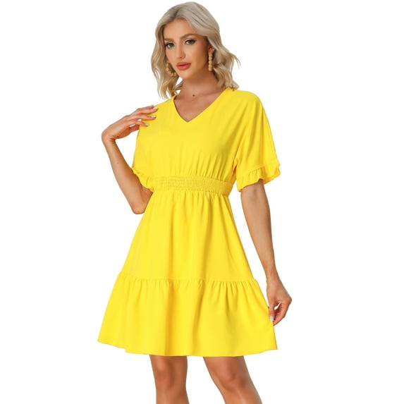 Unique Bargains Women's Ruffled Tiered Boho V Neck Smocked Waist Hem Peasant Bohemia Dress L Yellow