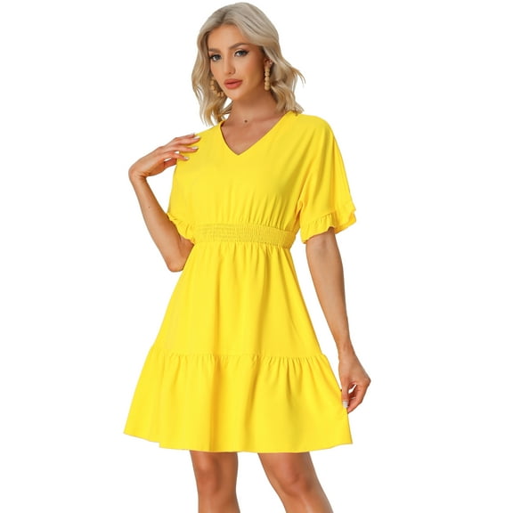 Unique Bargains Women's Ruffled Tiered Boho V Neck Smocked Waist Hem Peasant Bohemia Dress XS Yellow