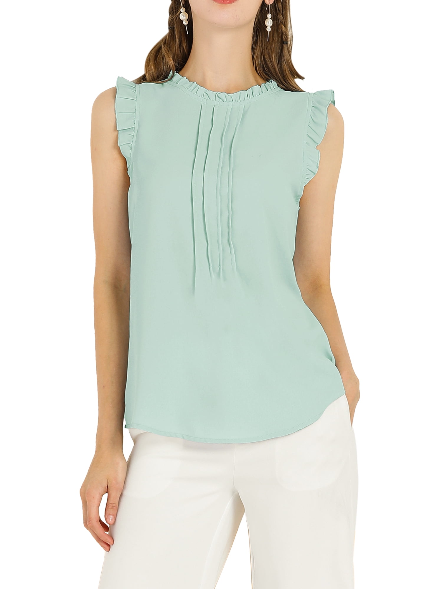Unique Bargains Women's Ruffled Trim Sleeveless Pleated Plain Blouse