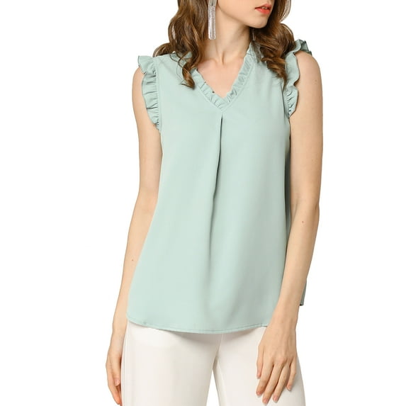 DARING DIVA Ruffled V Neck Sleeveless Tops Shirts L Cyan