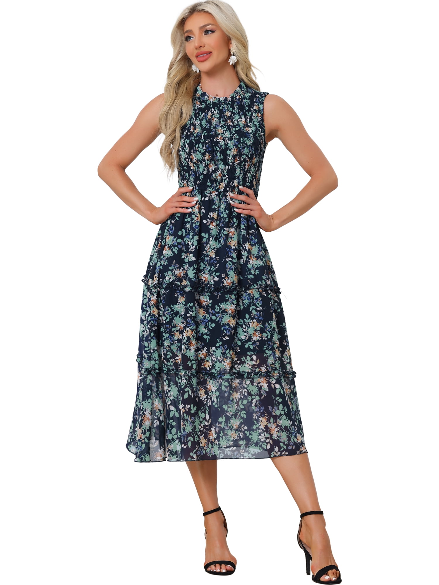 Unique Bargains Women's Ruffles Chiffon Sleeveless Floral Smocked Dresses XS Dark Blue