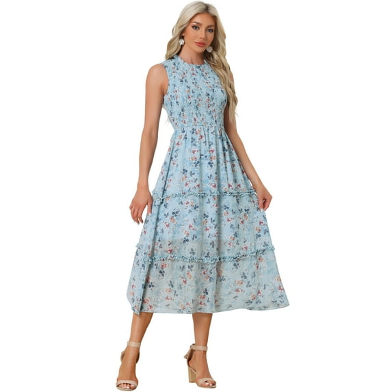 Unique Bargains Women's Ruffles Chiffon Sleeveless Floral Smocked Dresses XS Light Blue