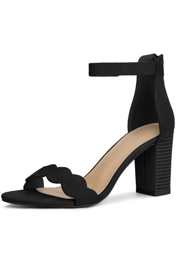 Women's Sandals Ankle Strap Scalloped Decor Chunky Heels Sandals