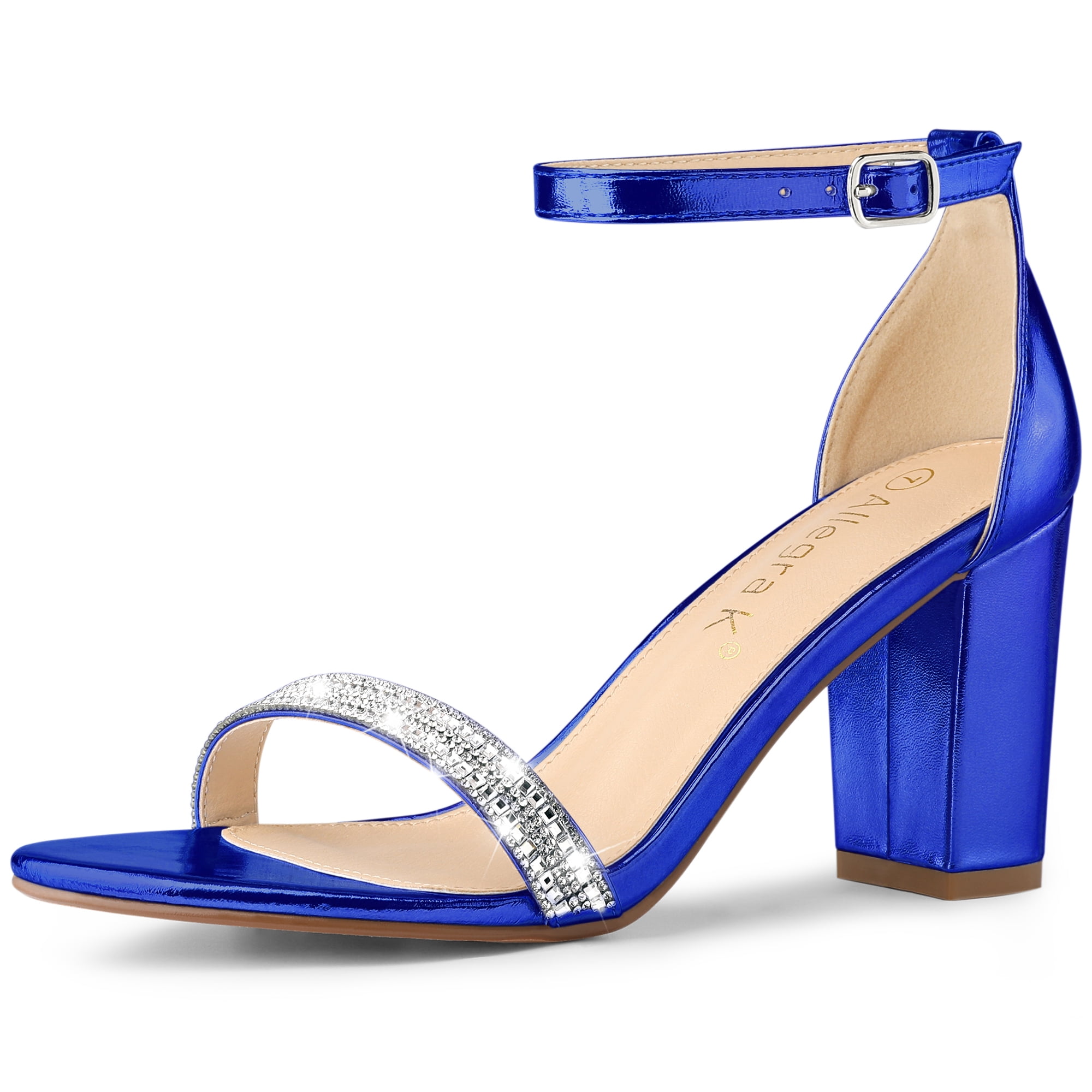 Unique Bargains Women's Sandals Block Heels Solid Rhinestone Ankle Strap Sandals