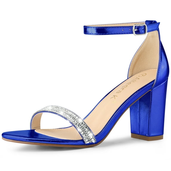 Unique Bargains Women's Sandals Block Heels Solid Rhinestone Ankle Strap Sandals