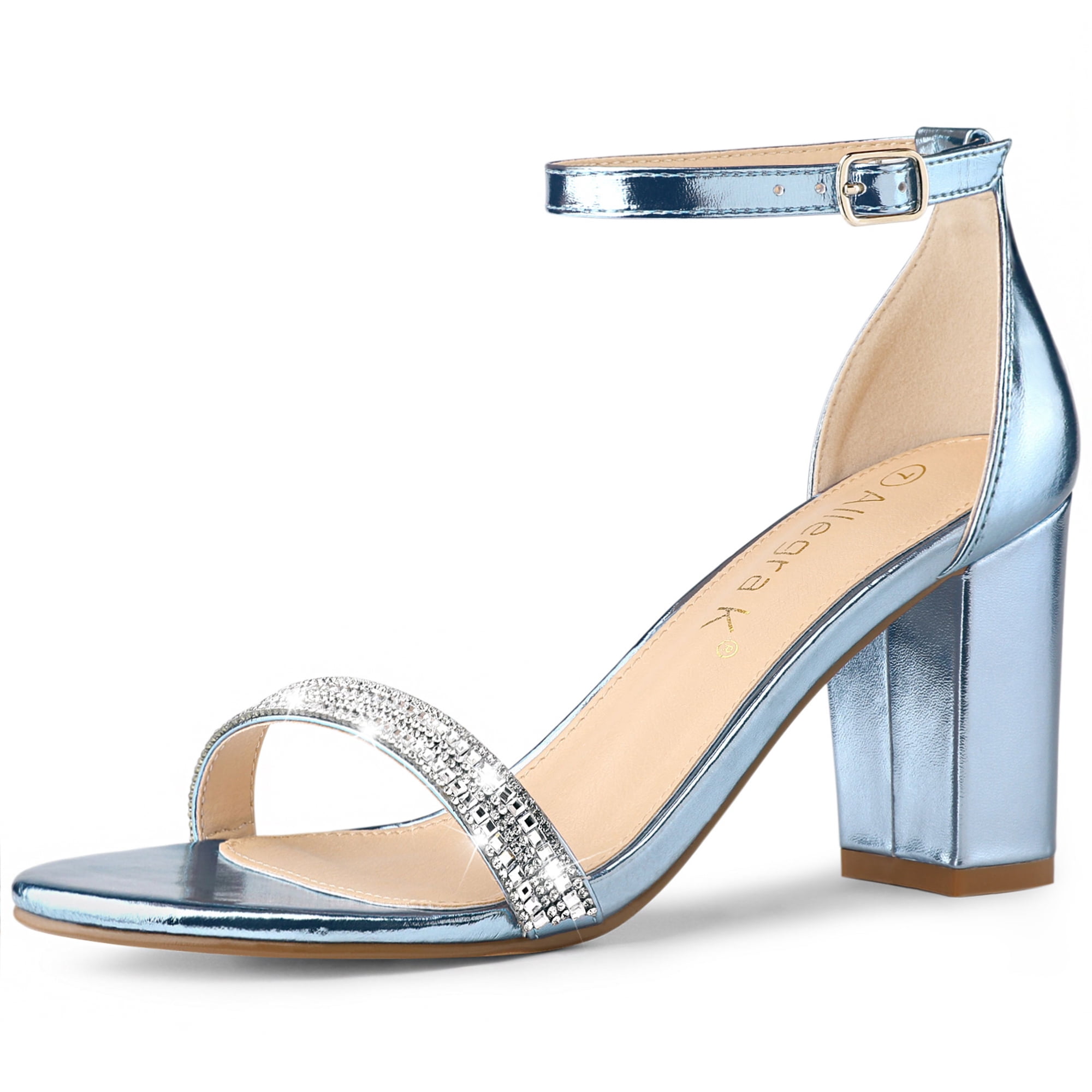 Unique Bargains Women's Sandals Block Heels Solid Rhinestone Ankle Strap Sandals