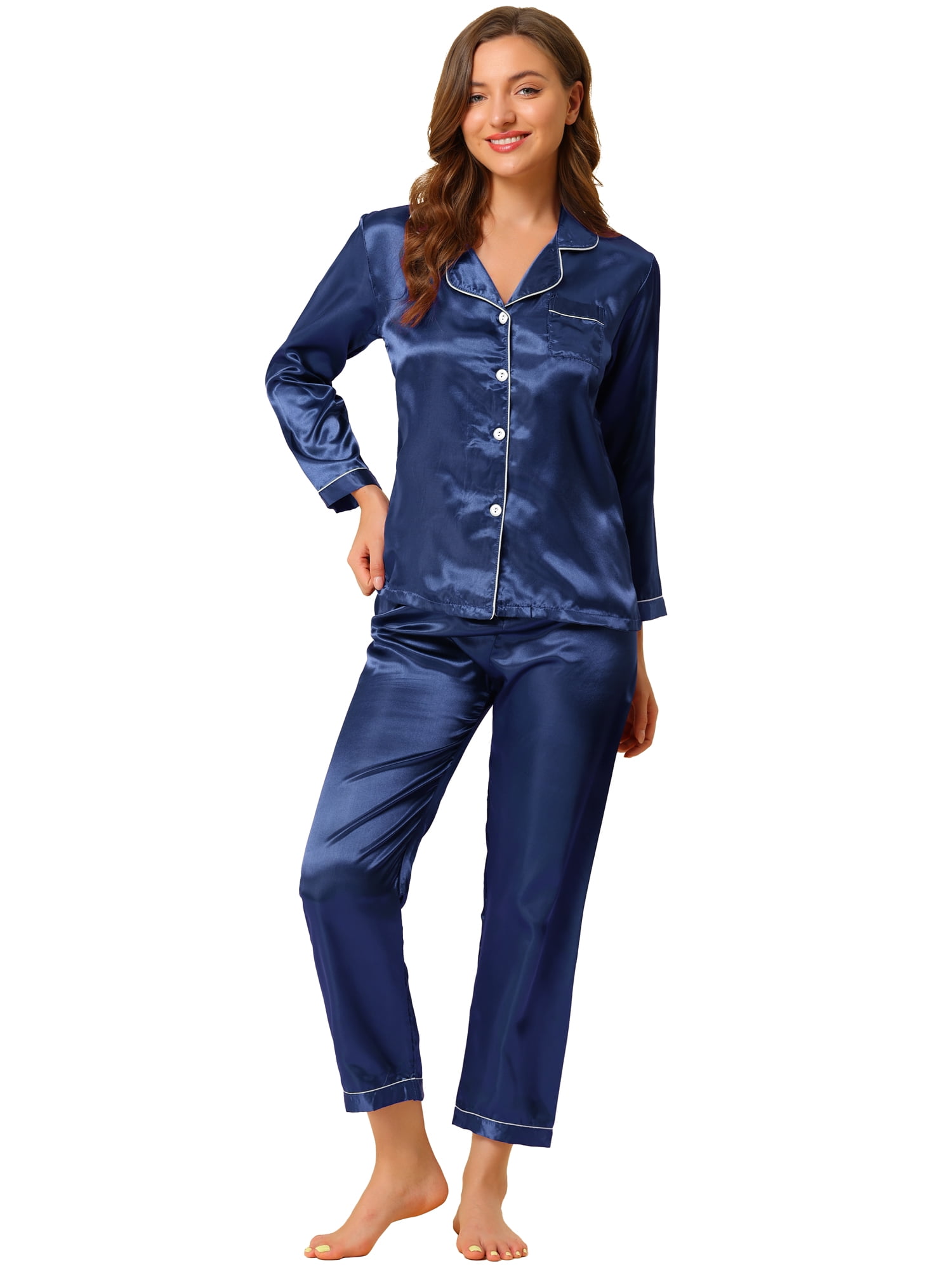 Unique Bargains Women's Satin 2pc Loungewear Button Down Silky Pajama Sleepwear Sets