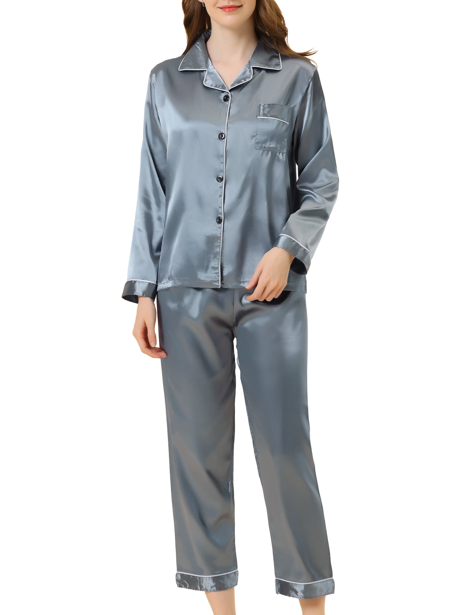 Unique Bargains Women's Satin 2pc Loungewear Button Down Smooth Silky  Pajama Sets 