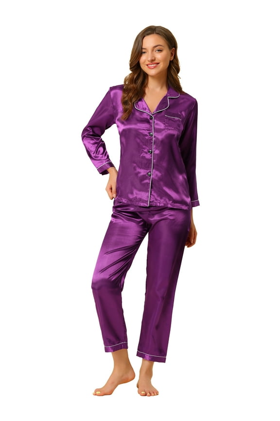 Women's Satin 2pc Loungewear Button Down Silky Pajama Sleepwear Sets