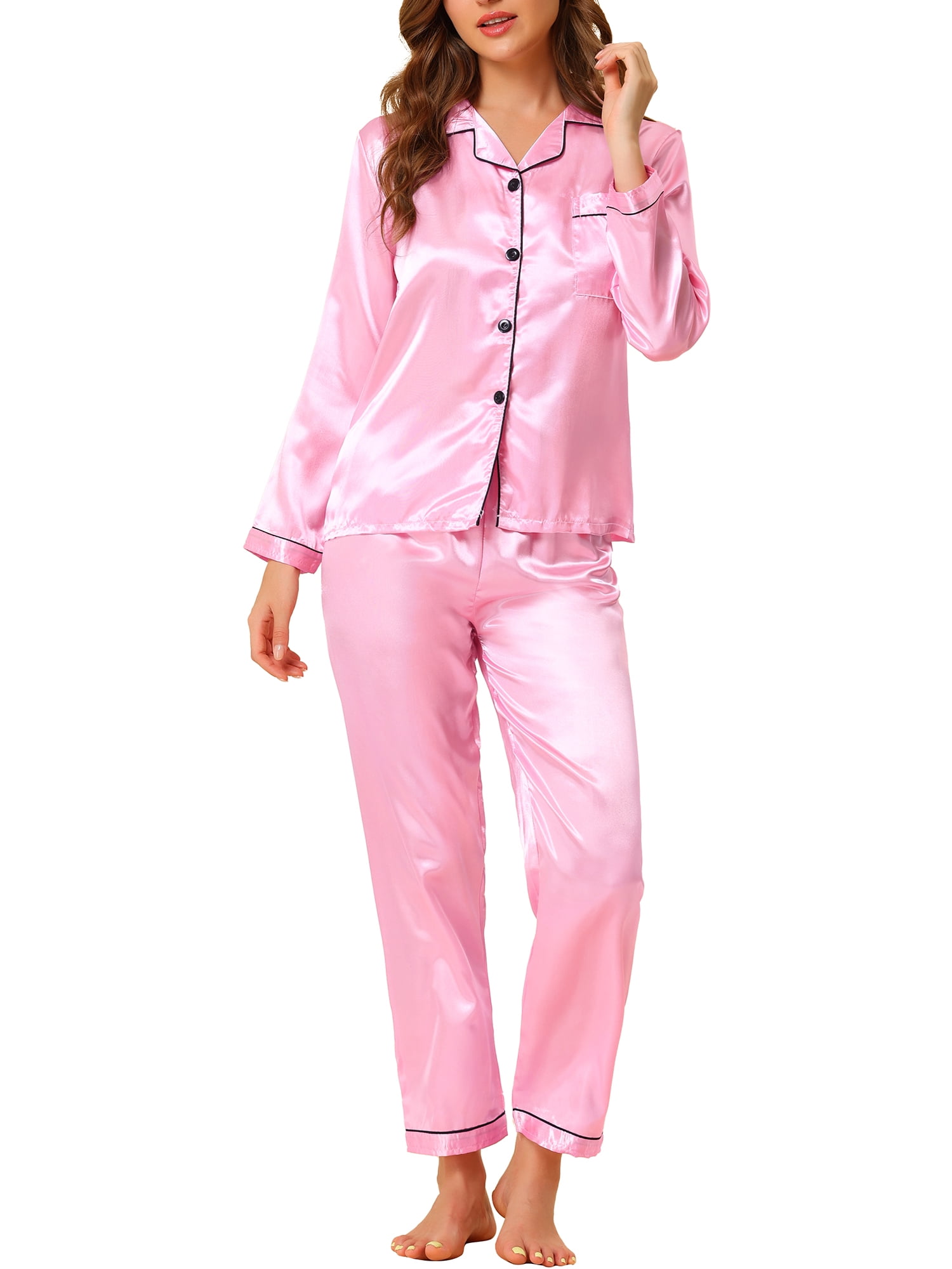 Unique Bargains Women's Satin 2pc Loungewear Button Down Silky Pajama Sleepwear Sets