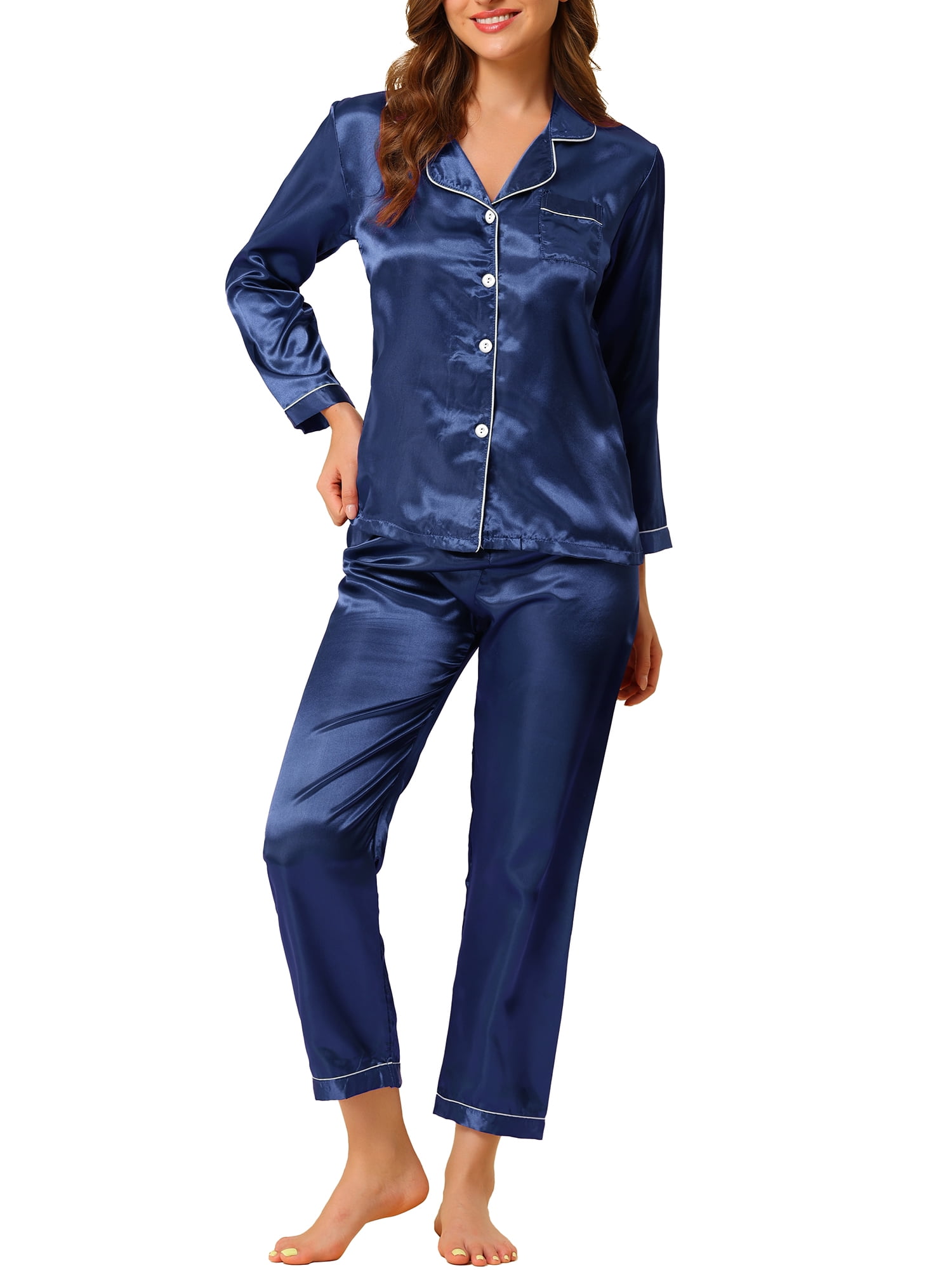 Unique Bargains Women s Satin 2pc Loungewear Button Down Smooth