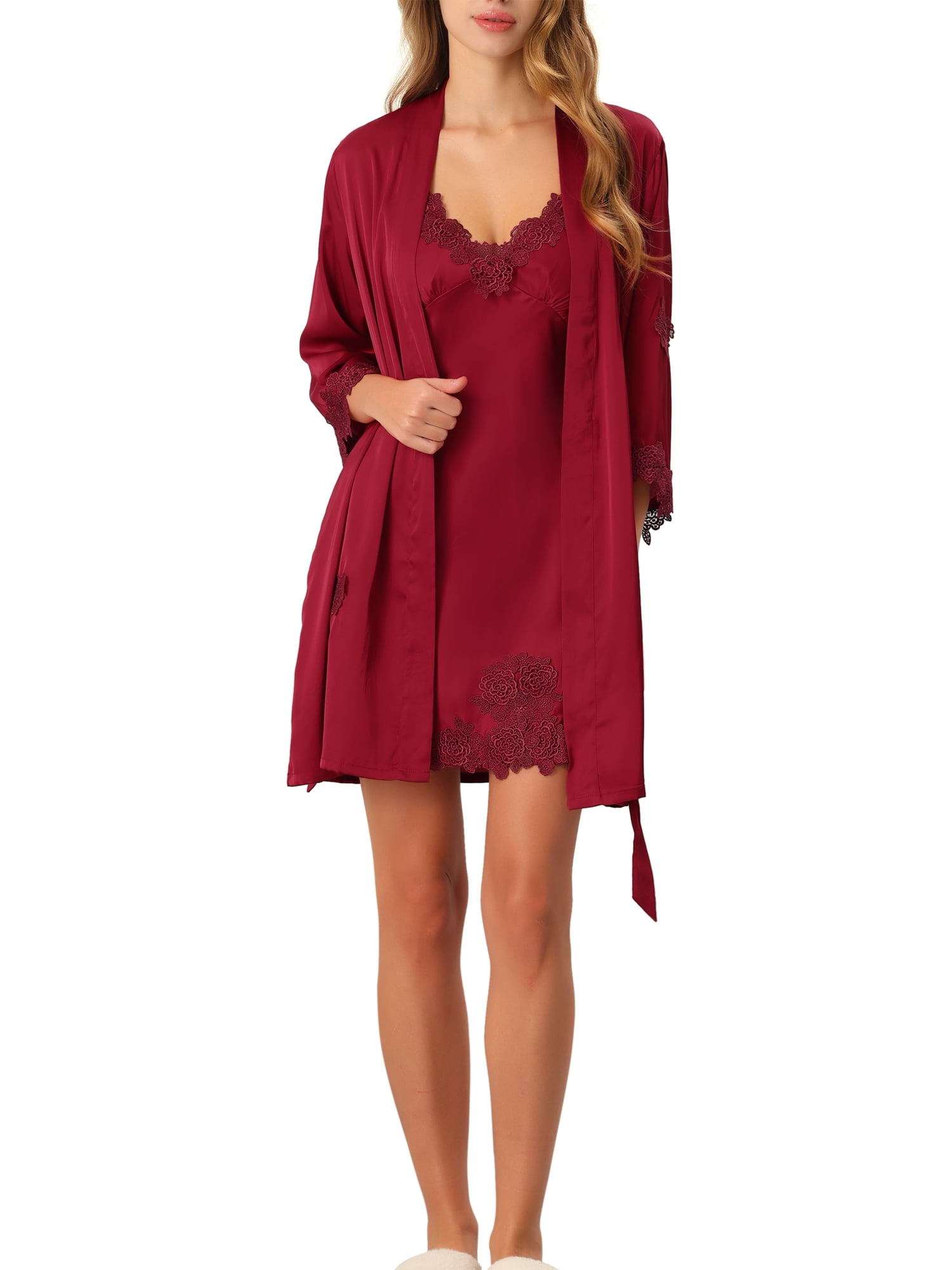 Unique Bargains Women's Satin 2pcs Cami Nightdress with Robe Sexy Pajama Sets S Red