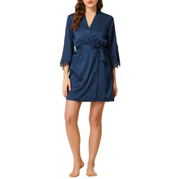 Unique Bargains Women's Satin 2pcs Cami Nightdress with Robe Sexy Pajama Sets M Blue