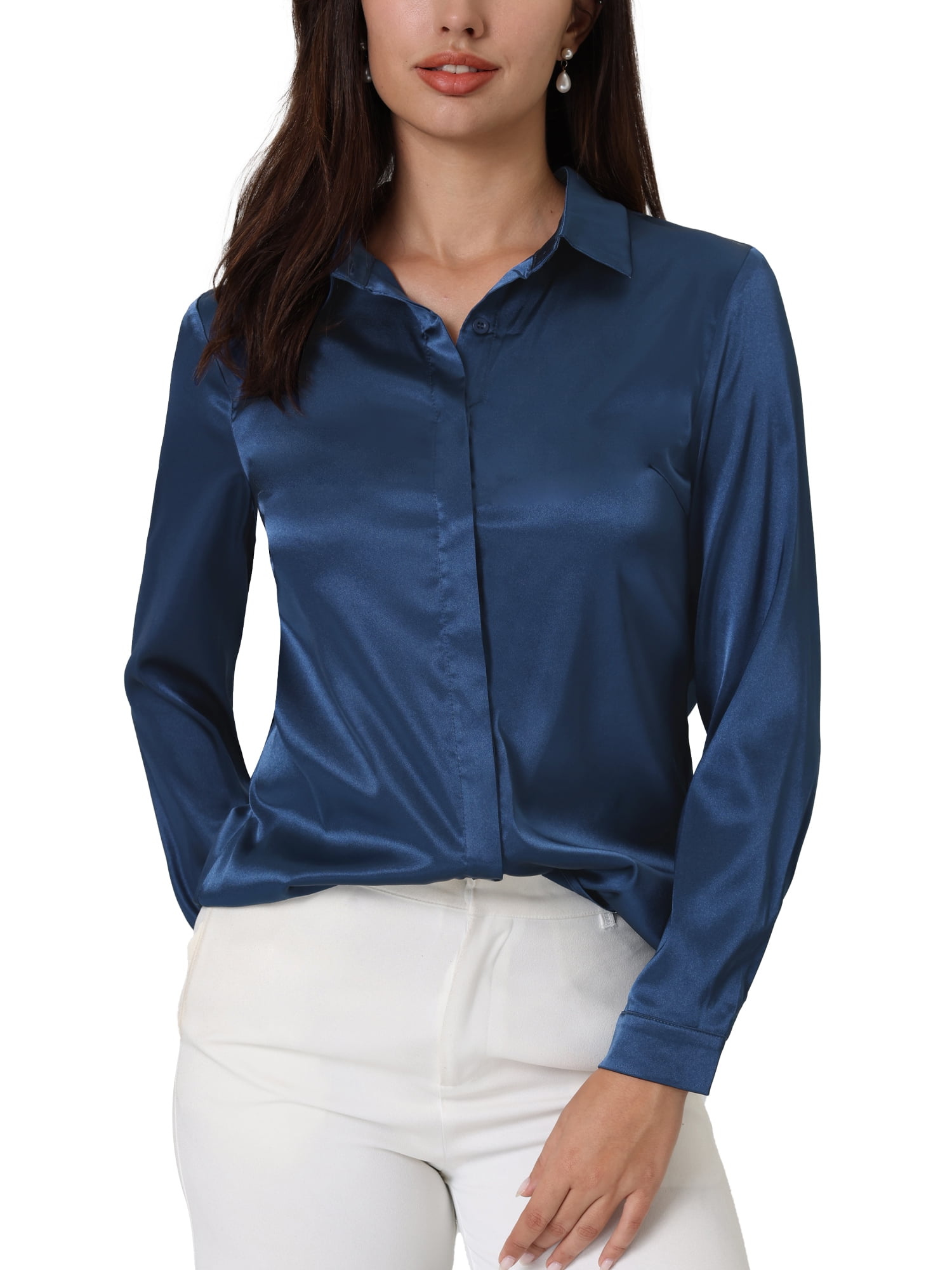Unique Bargains Women's Satin Blouse Long Sleeve Office Button Down Shirt Top M Dark Blue