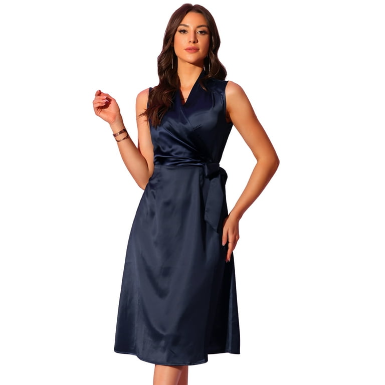 Unique Bargains Women's Satin Bodycon Tie Waist V Neck Sleeveless