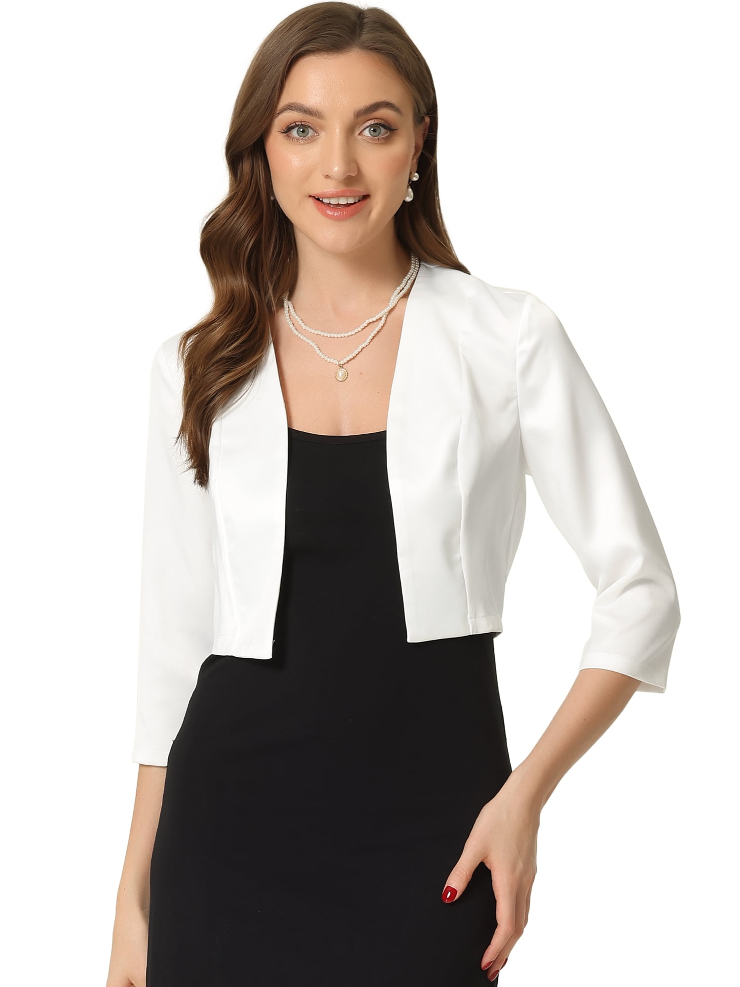 DARING DIVA Women's Satin Cardigan 3/4 Sleeve Open Front Cropped Work Bolero Shrug XL White