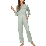 Unique Bargains Women's Satin Lounge with Pants Nightwear Pajama Sleepwear Sets
