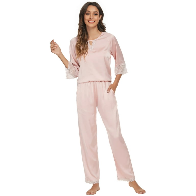 Unique Bargains Women s Satin Lounge with Pants Nightwear Pajama