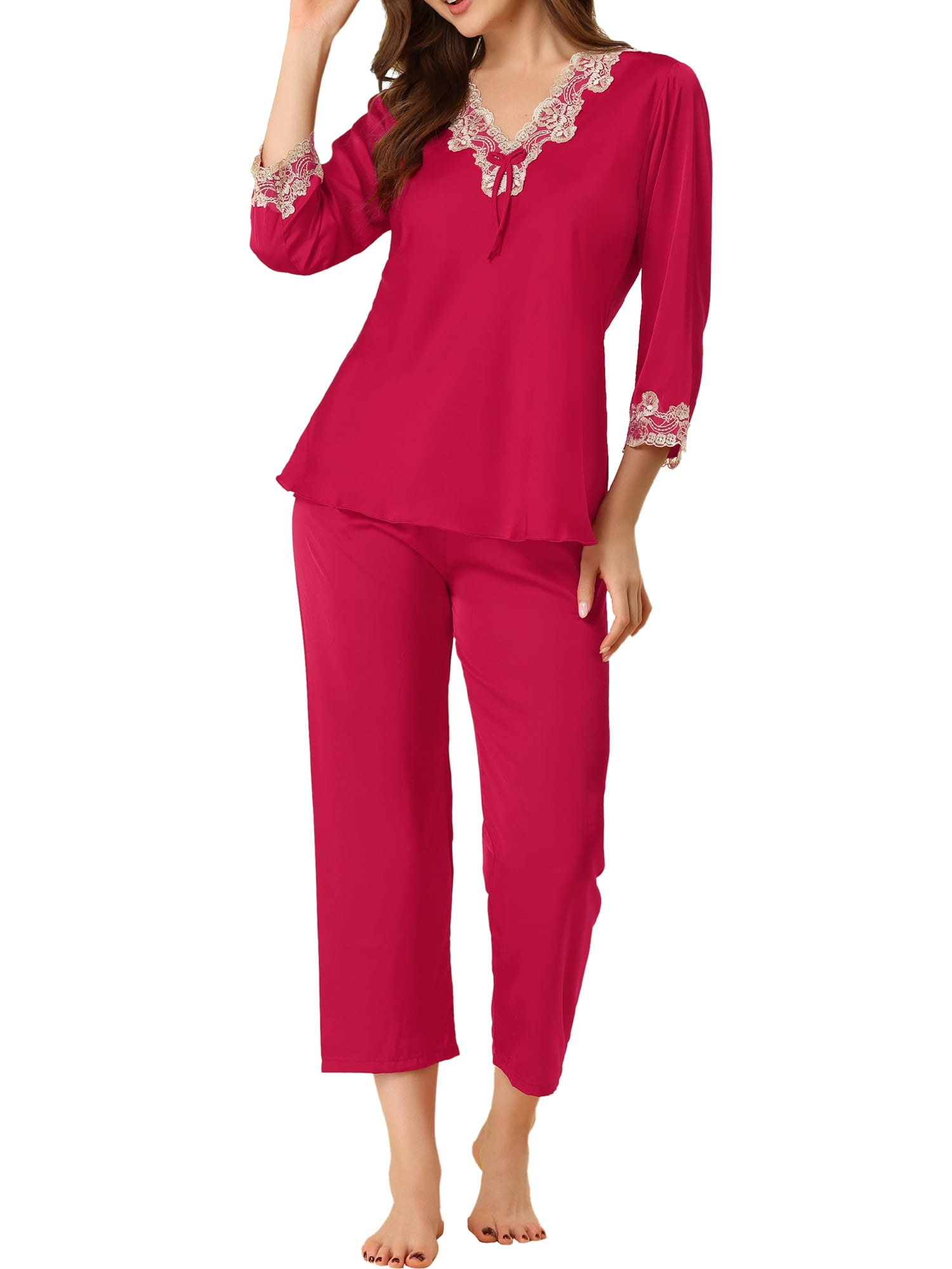 Unique Bargains Women’s Satin Pajama Lace Trim Night Suit Lounge Sleepwear Sets